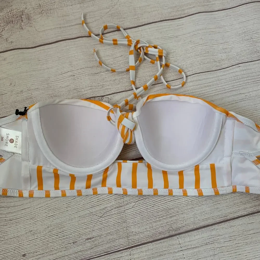 Shade & Shore Yellow and White Stripe Bikini Top Front Keyhole Halter Straps 34A